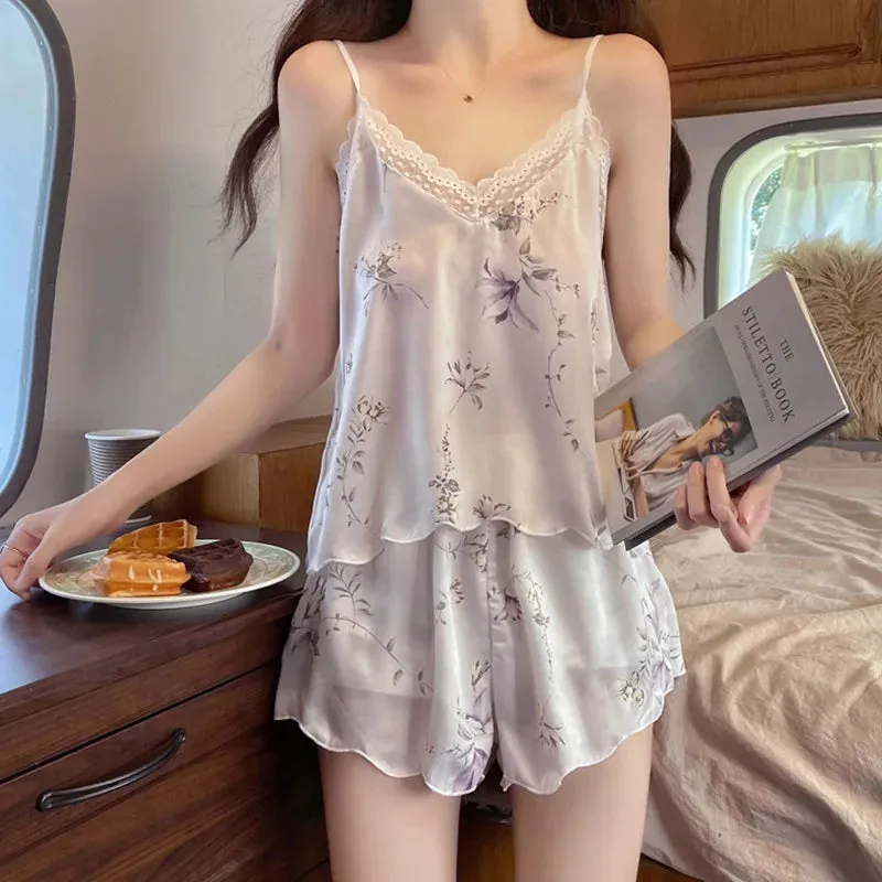 Satin Silk Sexy Pajamas Women Lace Sling Shorts Girl Thin Pyjamas Summer Pijamas