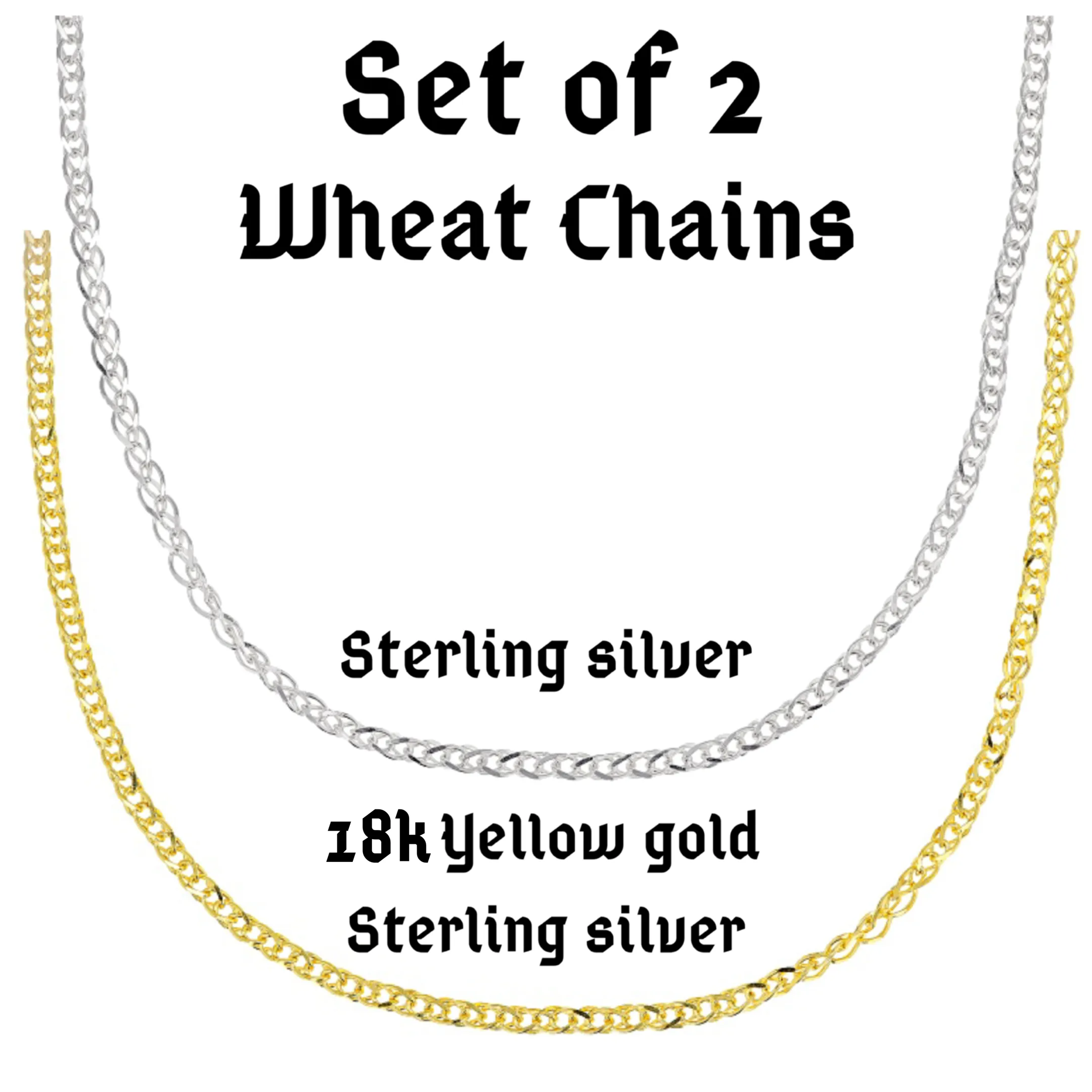 Set of 2 Italian 18k /Silver & Sterling Silver Wheat Link Necklace Chains (18 in.)