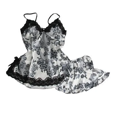 Sexy Pajamas Women Silk Lace Floral Braded Robe Sleepwear Lingerie Nightdress Babydoll Pajamas Set V-Neck   Pyjama Trousers