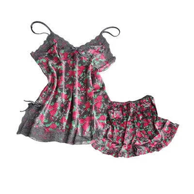Sexy Pajamas Women Silk Lace Floral Braded Robe Sleepwear Lingerie Nightdress Babydoll Pajamas Set V-Neck   Pyjama Trousers