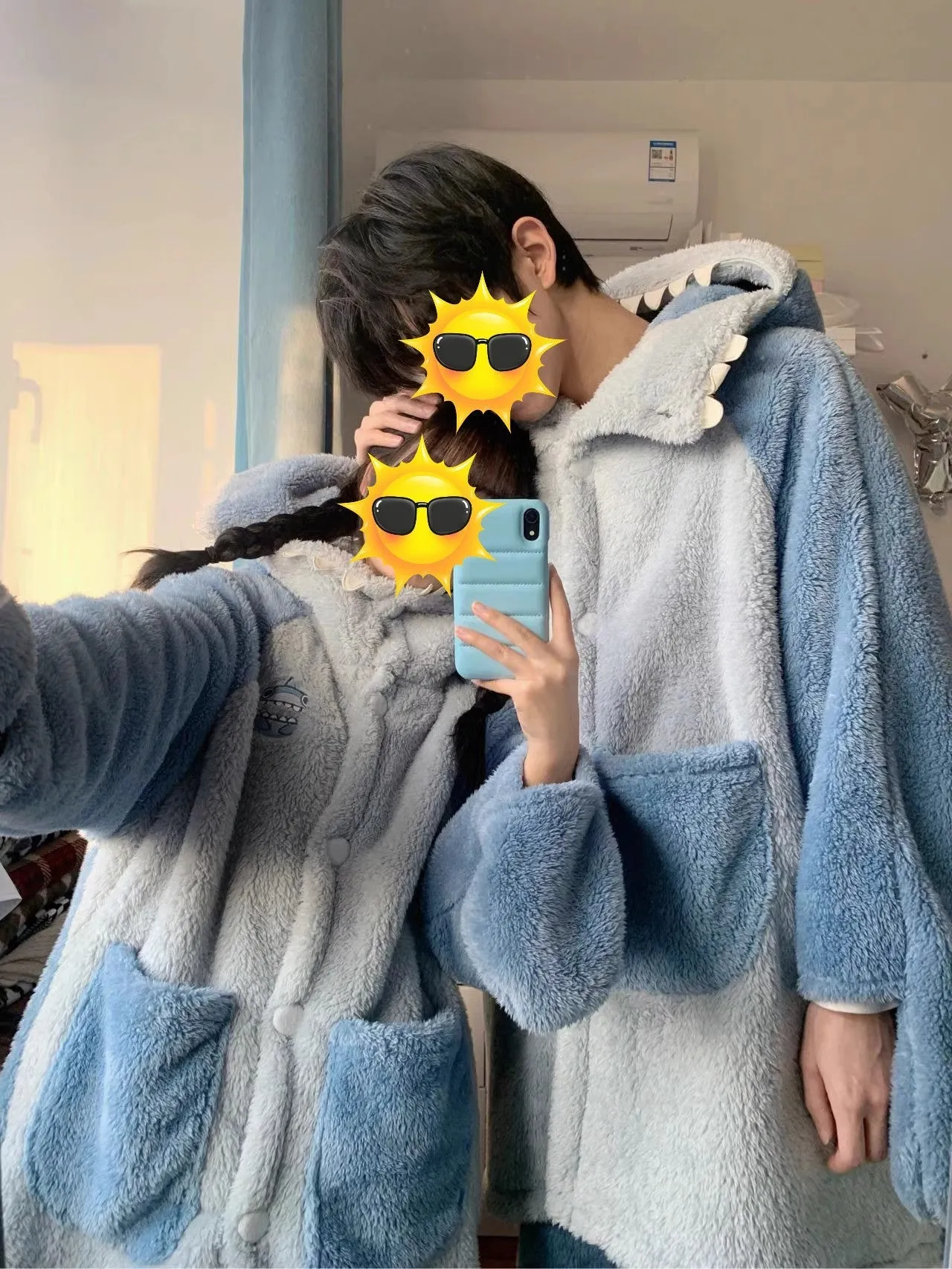 Shark Coral Fleece Couple Pajamas Women Can Wear Outside