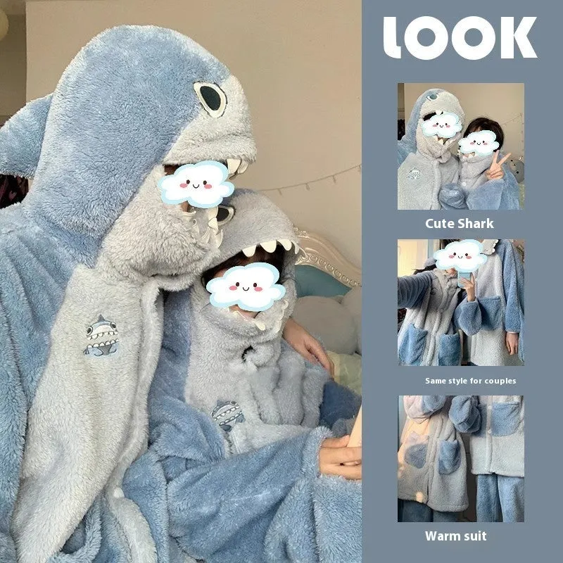 Shark Coral Fleece Couple Pajamas Women Can Wear Outside