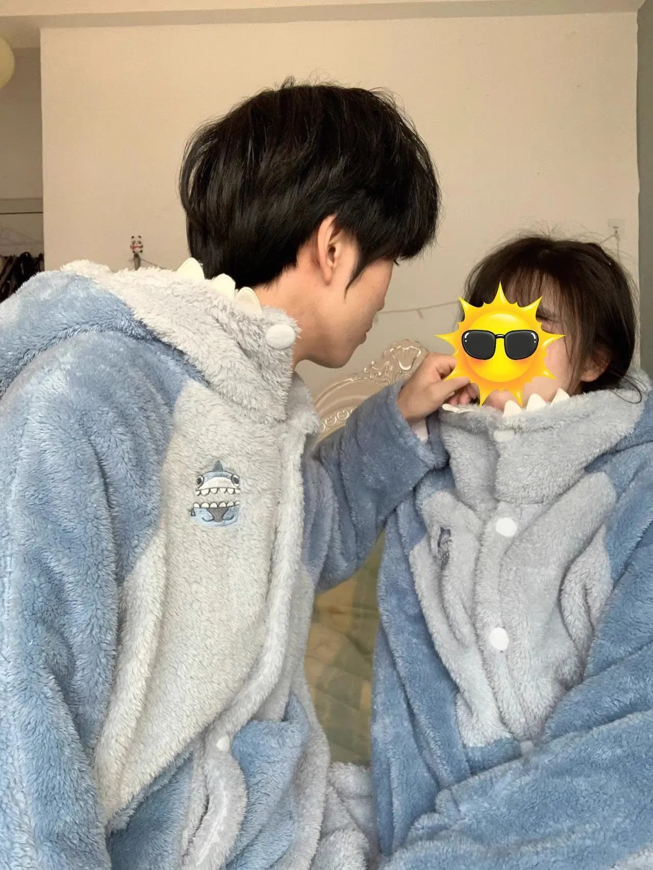 Shark Coral Fleece Couple Pajamas Women Can Wear Outside