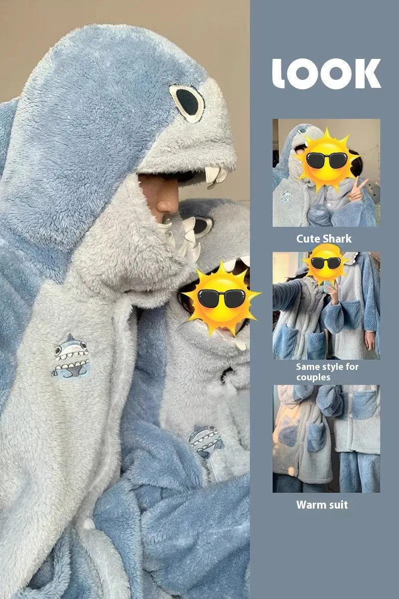 Shark Coral Fleece Couple Pajamas Women Can Wear Outside