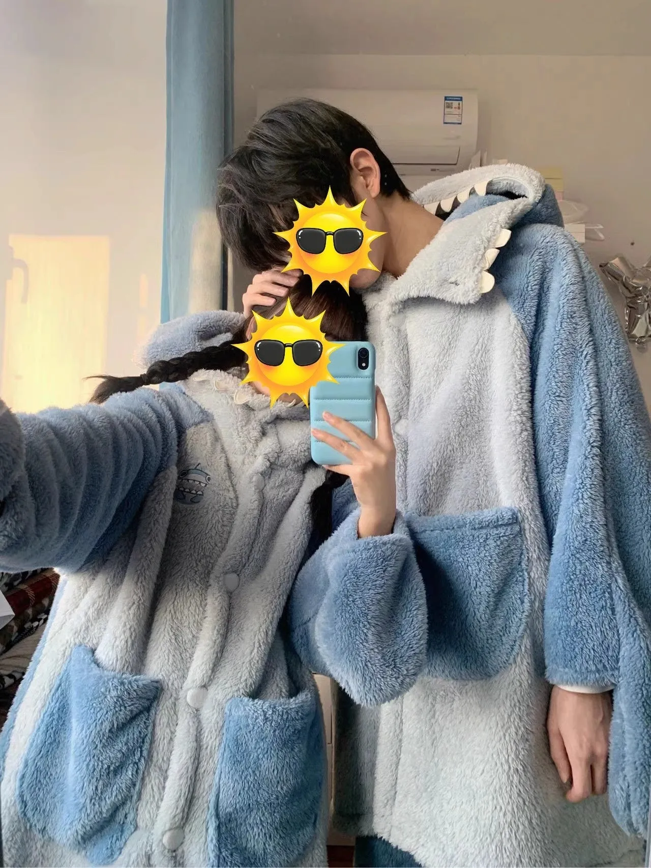 Shark Coral Fleece Couple Pajamas Women Can Wear Outside