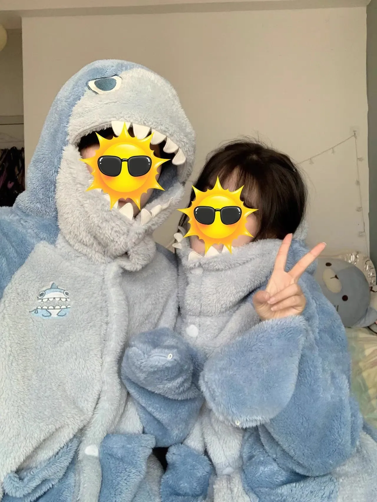 Shark Coral Fleece Couple Pajamas Women Can Wear Outside