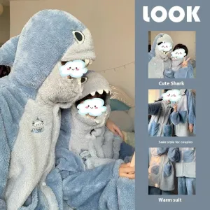 Shark Coral Fleece Couple Pajamas Women Can Wear Outside