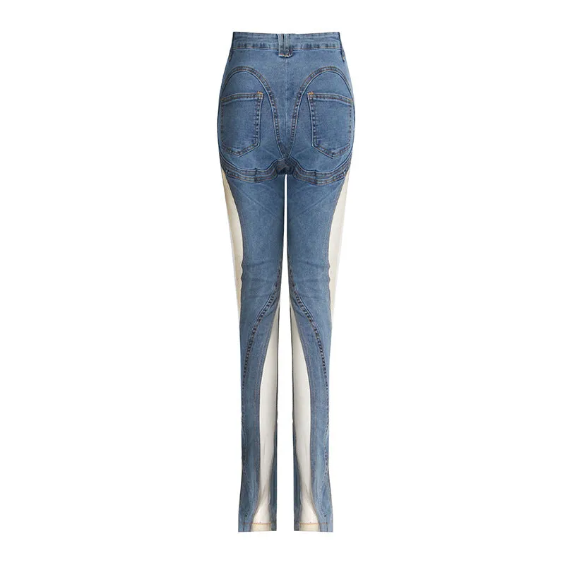 Sheer Cut Out Panel High Waist Jeans