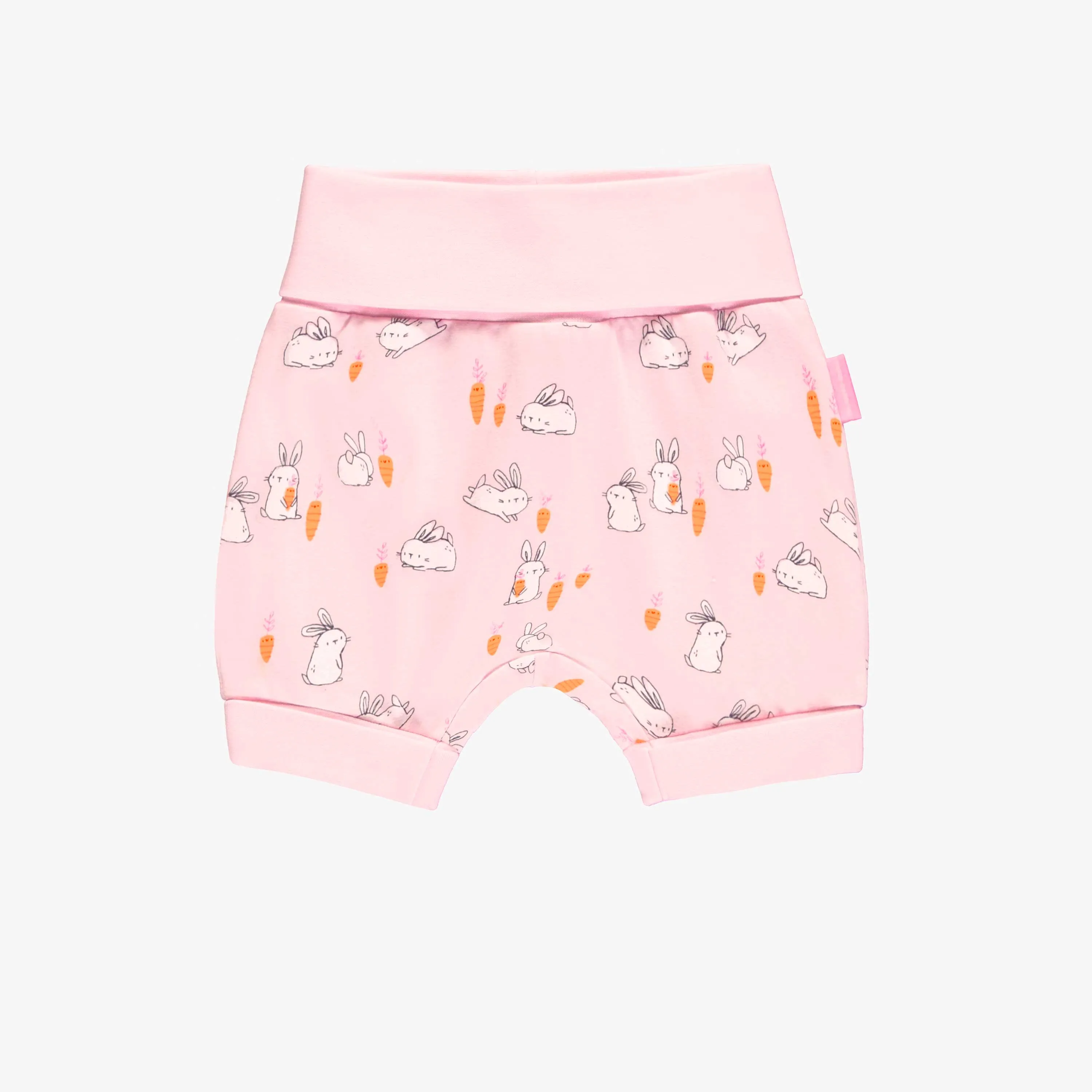 Short évolutif rose à motif de poules et de lapins en jersey doux, bébé || Pink evolutive shorts with bunnies and chickens in soft jersey, baby