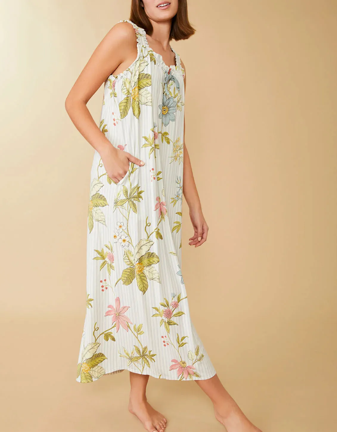 Spartina 449 Sleeveless Nightgown Floral Vine Stripe Blue