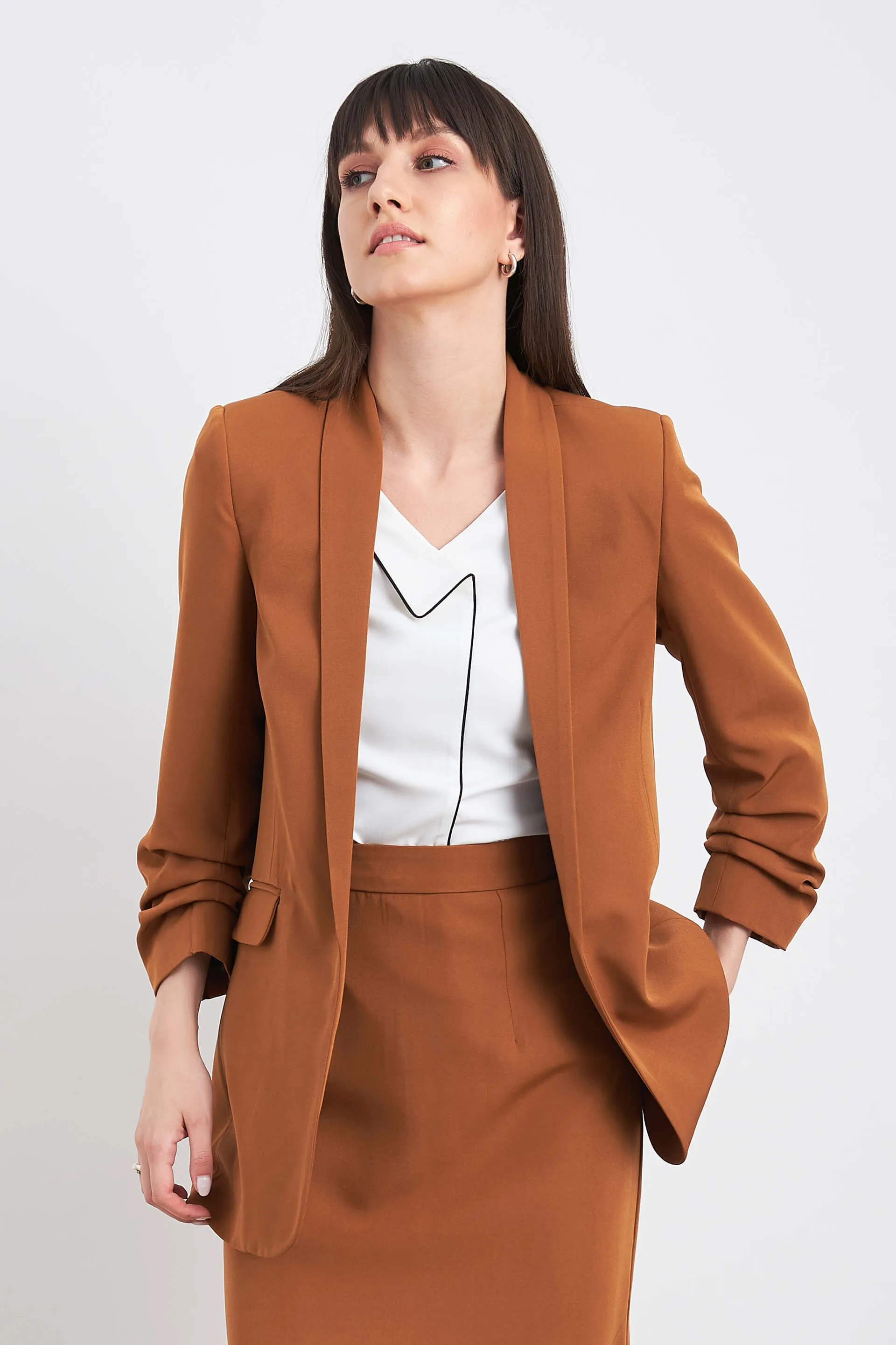 Spunky Ruched sleeve blazer - Tan Brown
