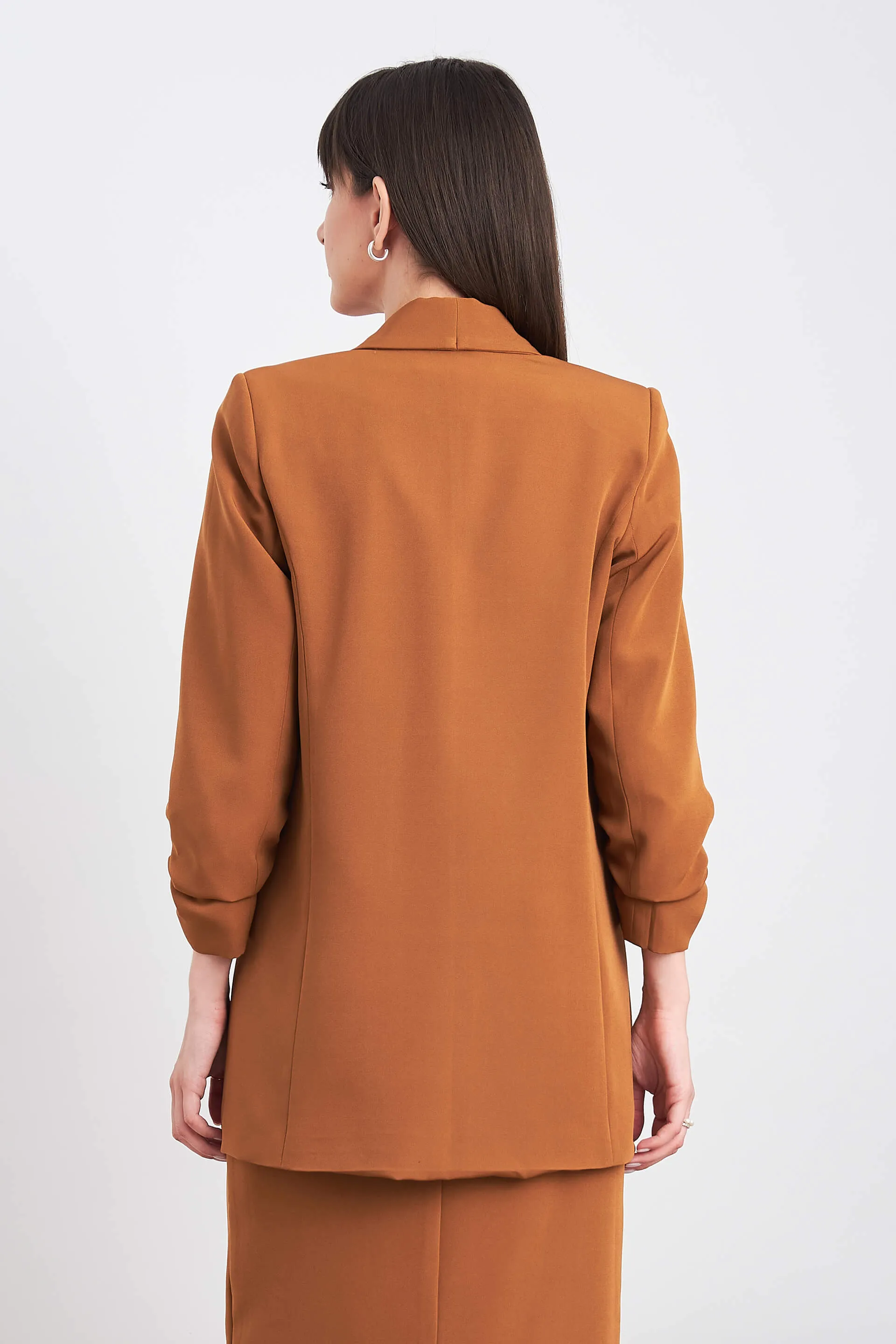 Spunky Ruched sleeve blazer - Tan Brown