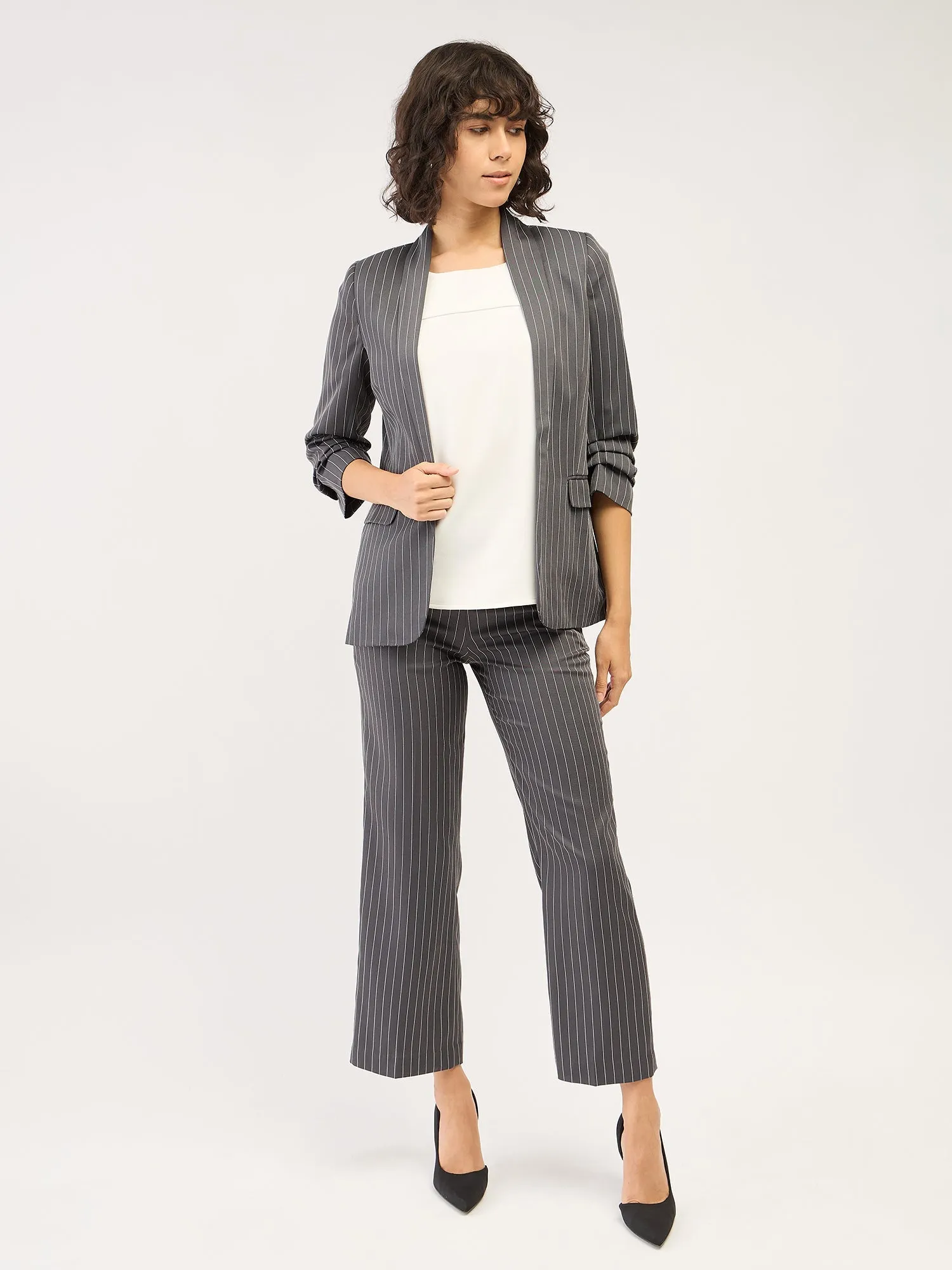 Spunky Striped Ruched Sleeve Blazer-Grey/White