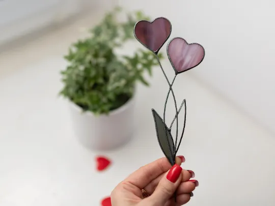 Stain glass heart plant stake, Valentines day gift, Heart garden stake, St Valentine decor, Christmas gifts for her