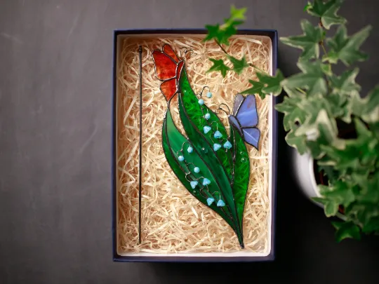 Stained Glass Lily of the Valley Plant Stakes Butterfly on Green Leaf Suncatcher Mothers Day Gift Glass Plant Decor For Pots