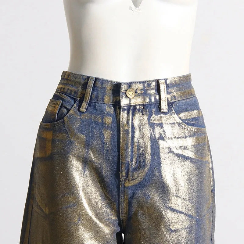 Street Hipster Bronzing Design High Waist Straight Jeans