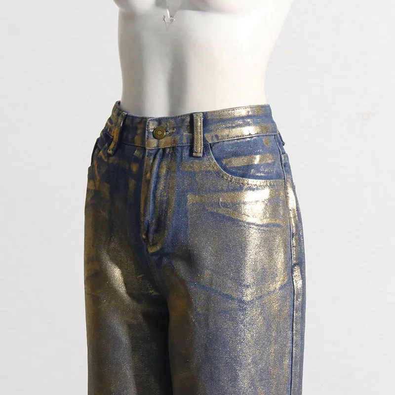 Street Hipster Bronzing Design High Waist Straight Jeans