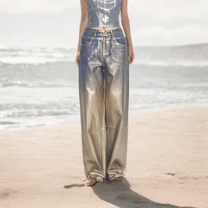 Street Hipster Bronzing Design High Waist Straight Jeans