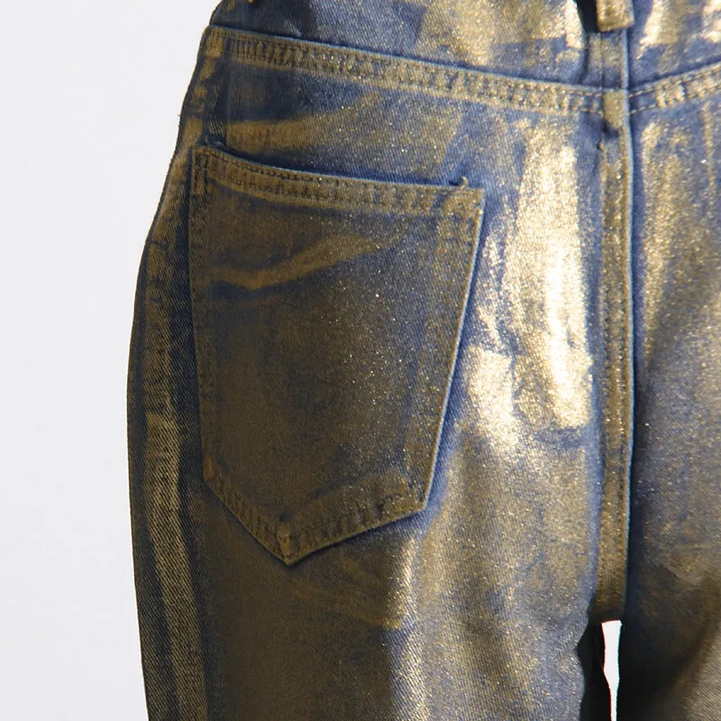 Street Hipster Bronzing Design High Waist Straight Jeans