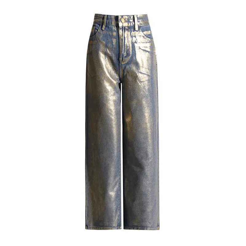 Street Hipster Bronzing Design High Waist Straight Jeans