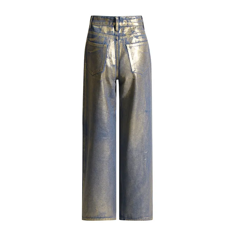 Street Hipster Bronzing Design High Waist Straight Jeans