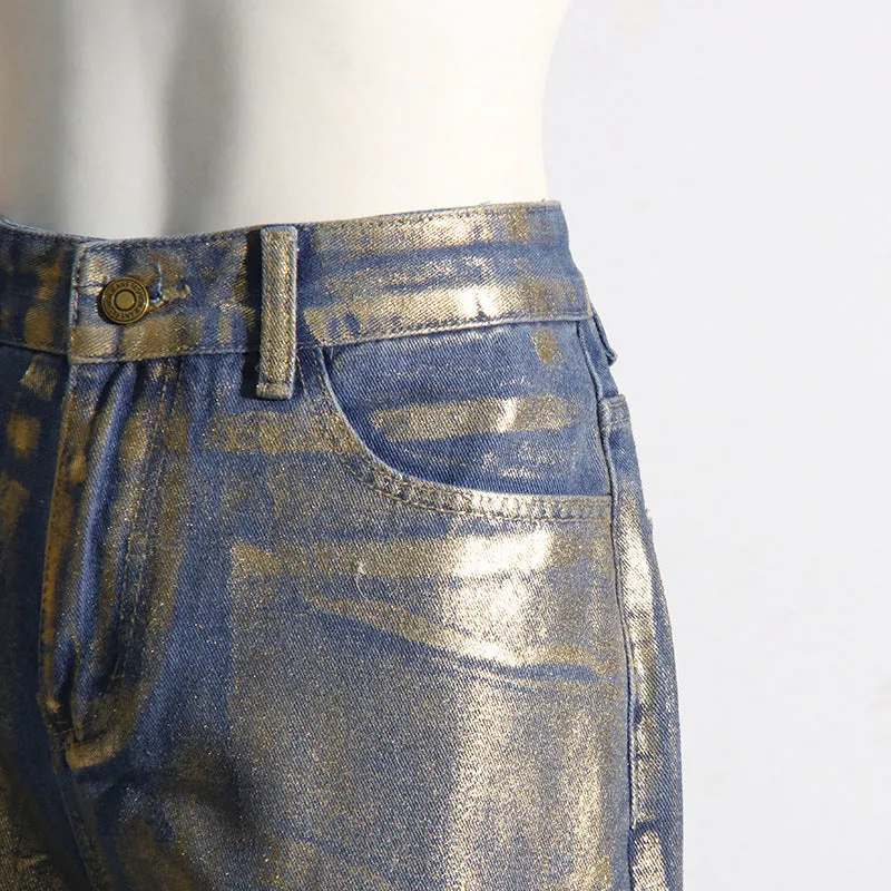 Street Hipster Bronzing Design High Waist Straight Jeans