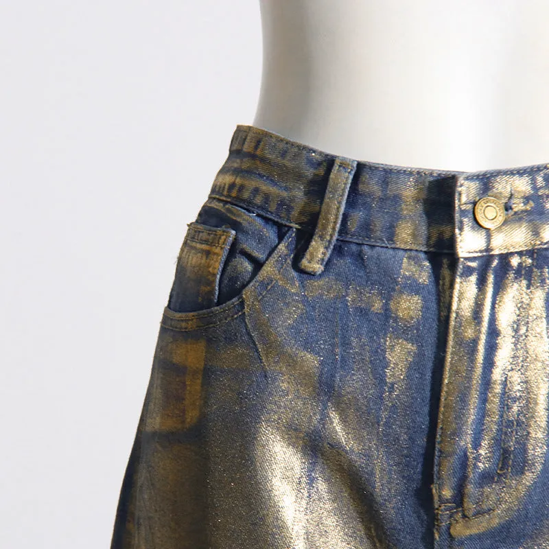 Street Hipster Bronzing Design High Waist Straight Jeans