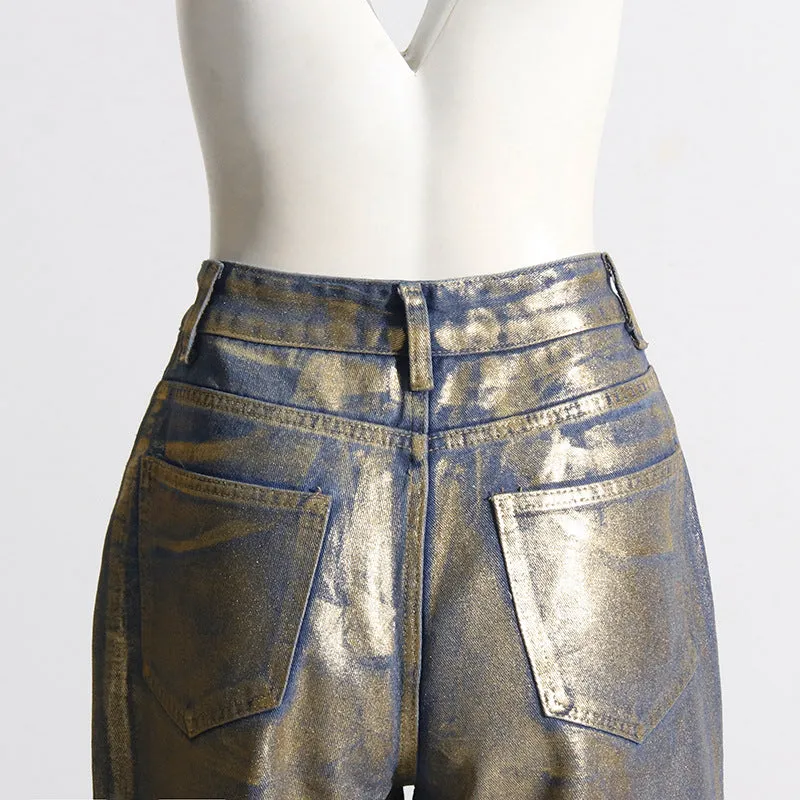 Street Hipster Bronzing Design High Waist Straight Jeans