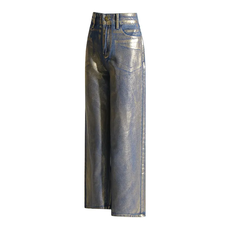 Street Hipster Bronzing Design High Waist Straight Jeans