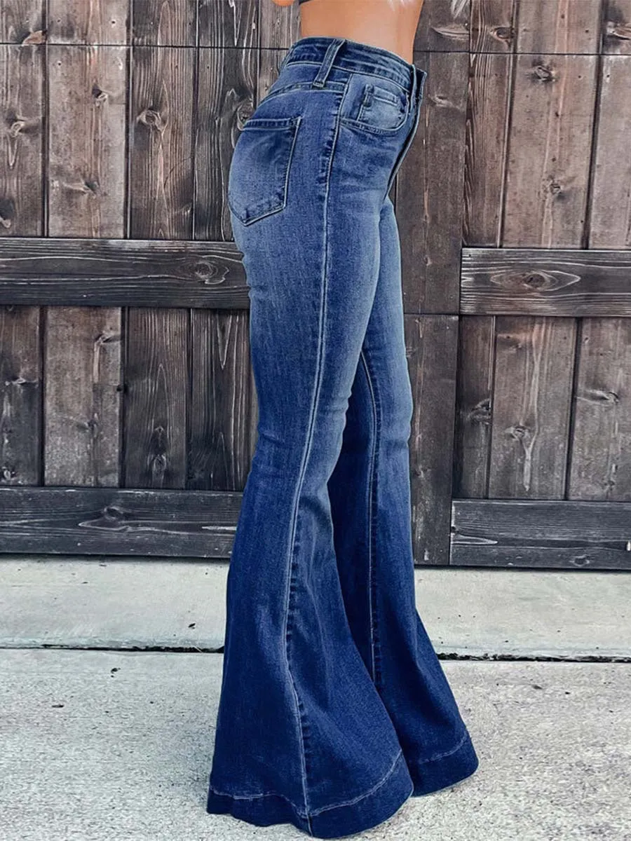 Stunncal Street Solid Patchwork High Waist Boot Cut Denim Jeans