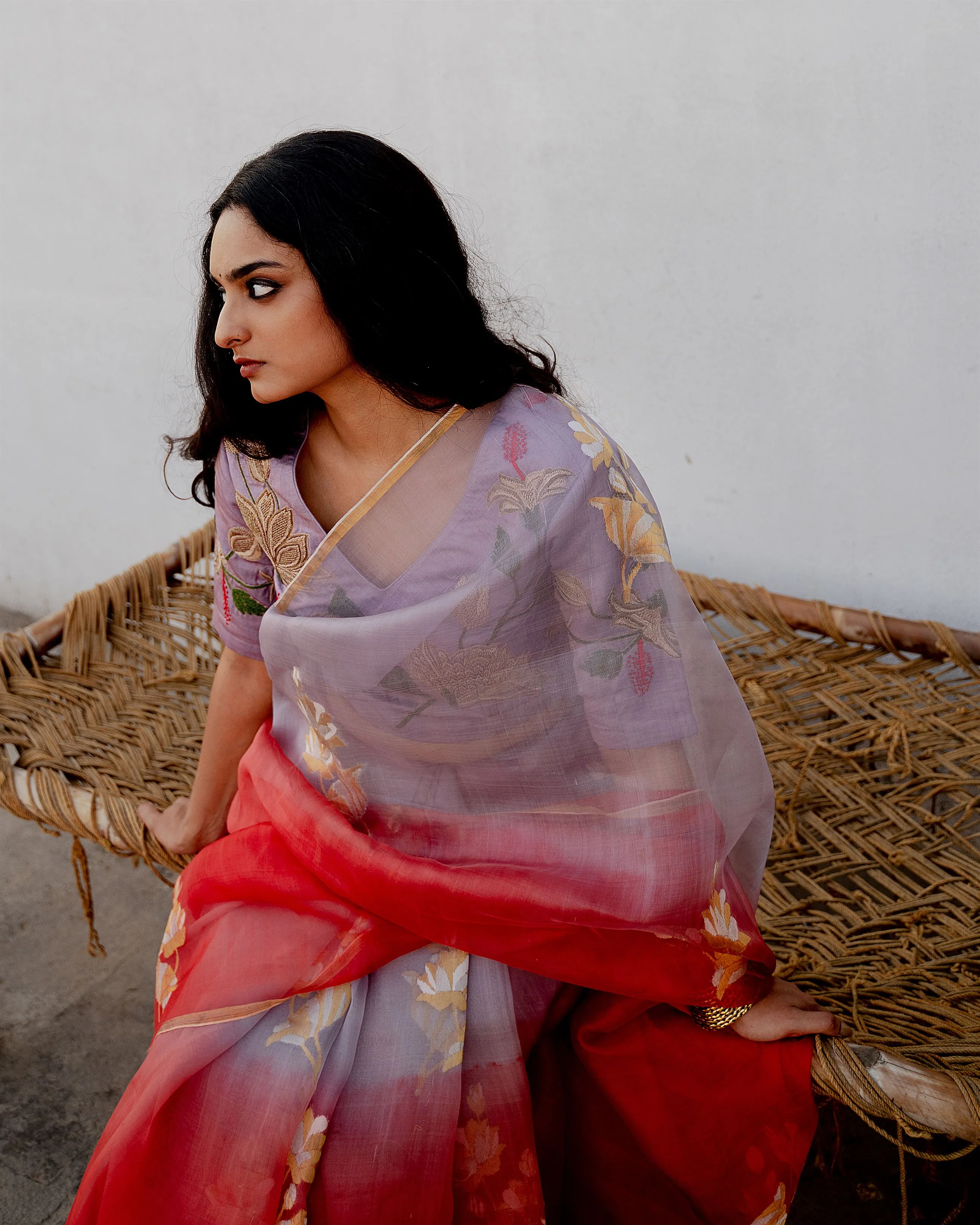 Suparna Som kamla sari 48 inch width by 5.5 meter length Lilac and rust ombre silk - delivery Time 8 weeks Festive 24 LOOK-22