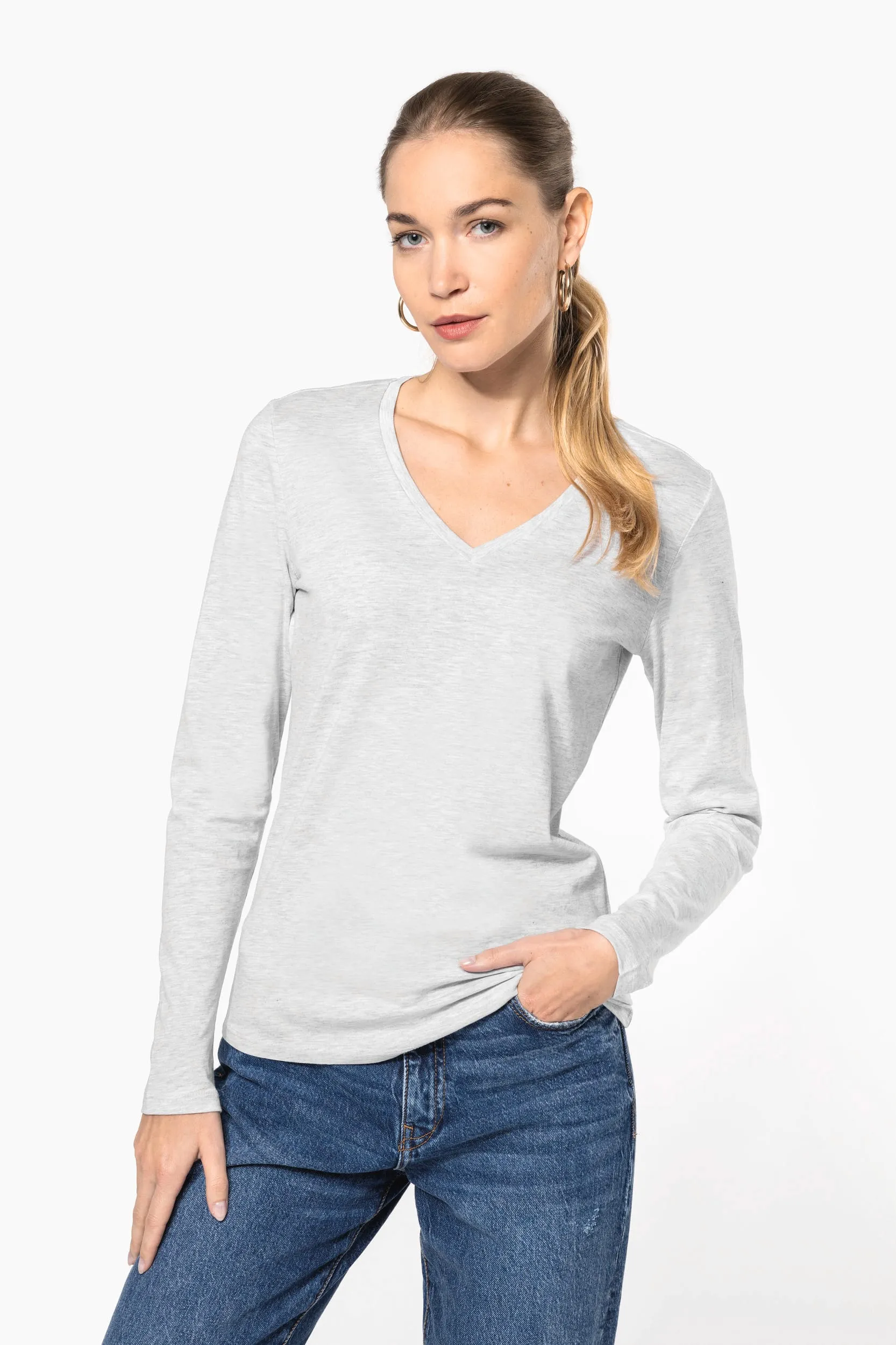 T-shirt de manga comprida decote em V para senhora