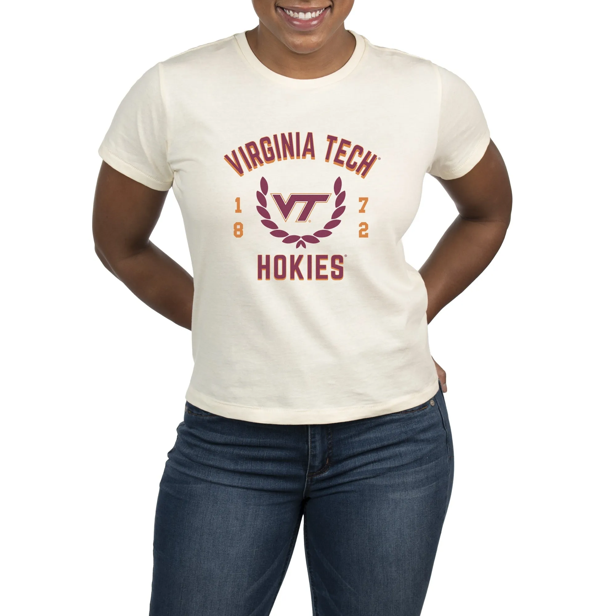 USCAPE Virginia Tech Academy High Waisted Tee, Vintage White