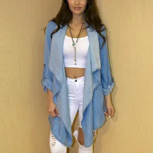 Vintage Denim Cardigan Women Long Sleeve Casual Irregular Hem Jacket Coat Ladies Lapel Loose Solid Outwear