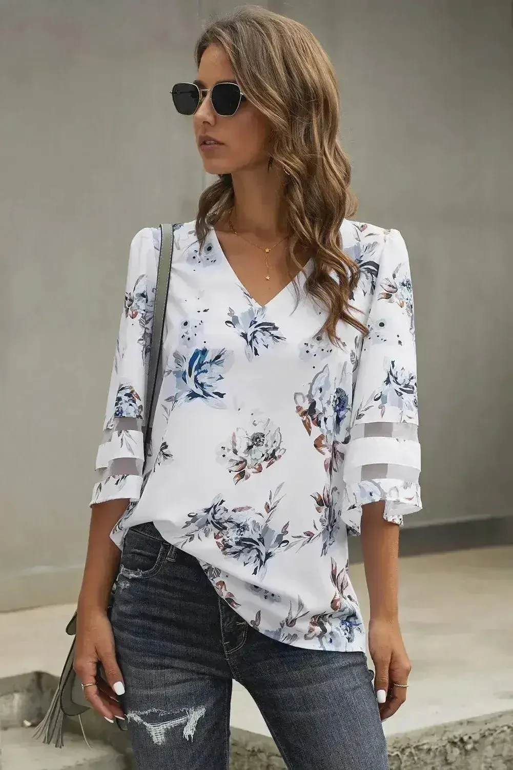 White Floral Blouse with 3/4 Flared Sleeves | Femstylo