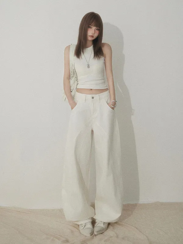 White Wide Leg Jeans for Women | High Waist Sandwashed Denim Pants Y2K Minimalist