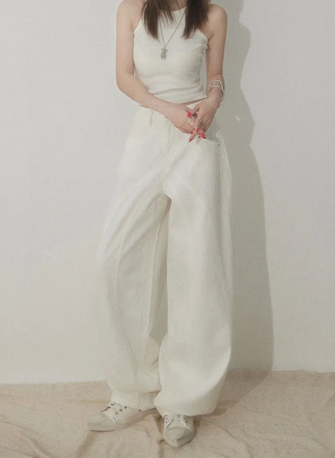 White Wide Leg Jeans for Women | High Waist Sandwashed Denim Pants Y2K Minimalist