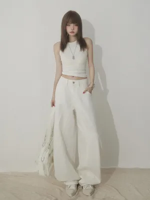 White Wide Leg Jeans for Women | High Waist Sandwashed Denim Pants Y2K Minimalist