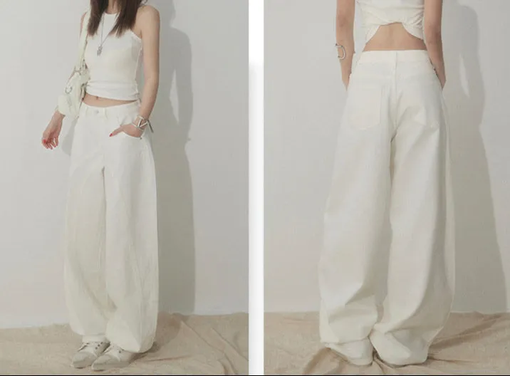 White Wide Leg Jeans for Women | High Waist Sandwashed Denim Pants Y2K Minimalist