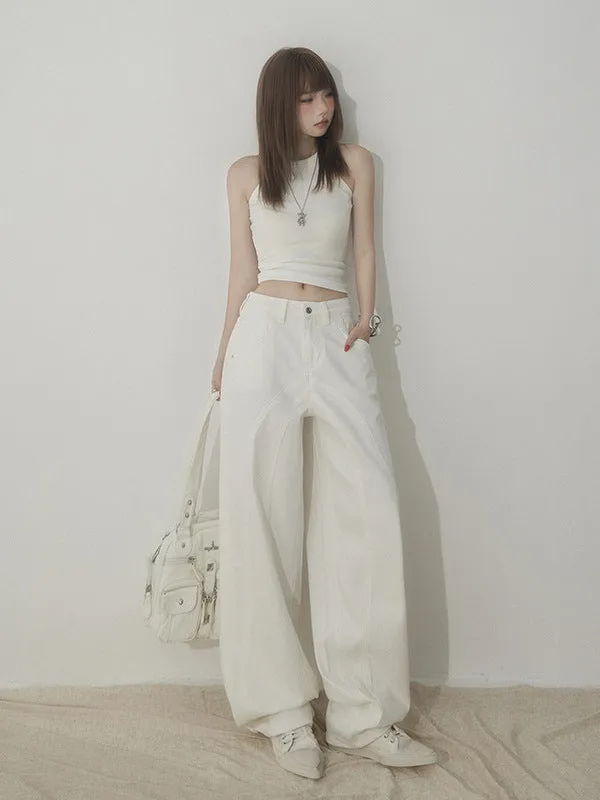 White Wide Leg Jeans for Women | High Waist Sandwashed Denim Pants Y2K Minimalist