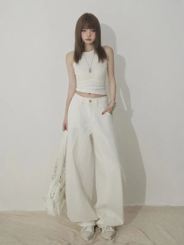 White Wide Leg Jeans for Women | High Waist Sandwashed Denim Pants Y2K Minimalist