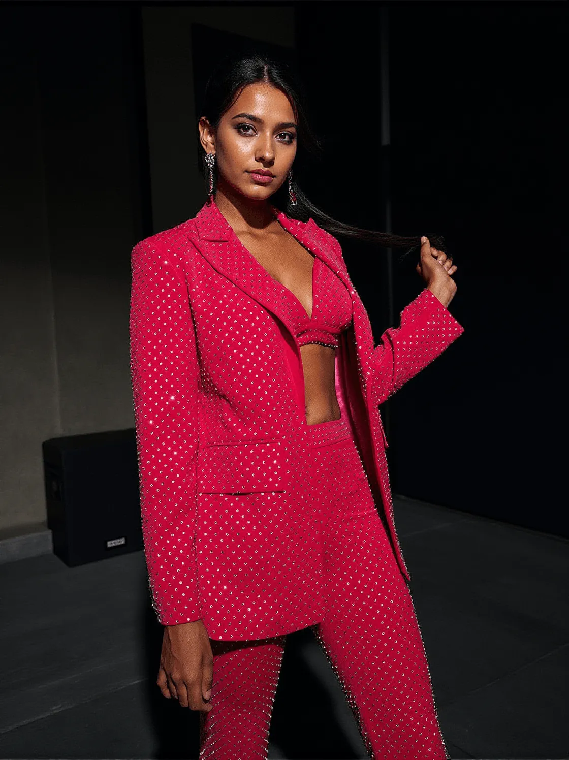 Whitley Embellished Blazer Three Piece Set In Hot Pink