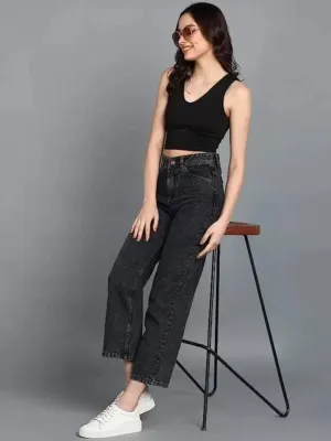 Wide-Waist Stonewash Stretch Denim