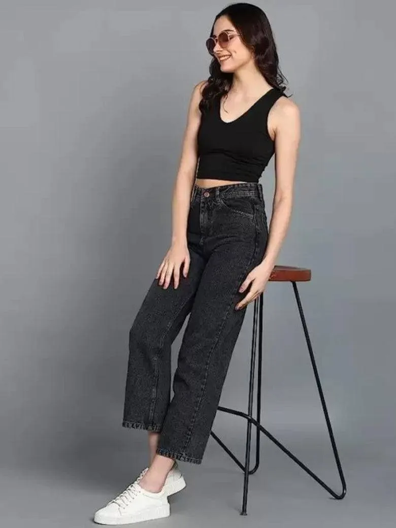 Wide-Waist Stonewash Stretch Denim