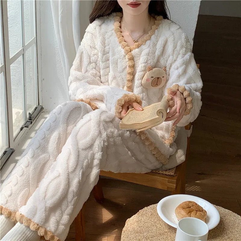 Winter Thickened Plus Size Keep Warm Coral Velvet Pajamas Women