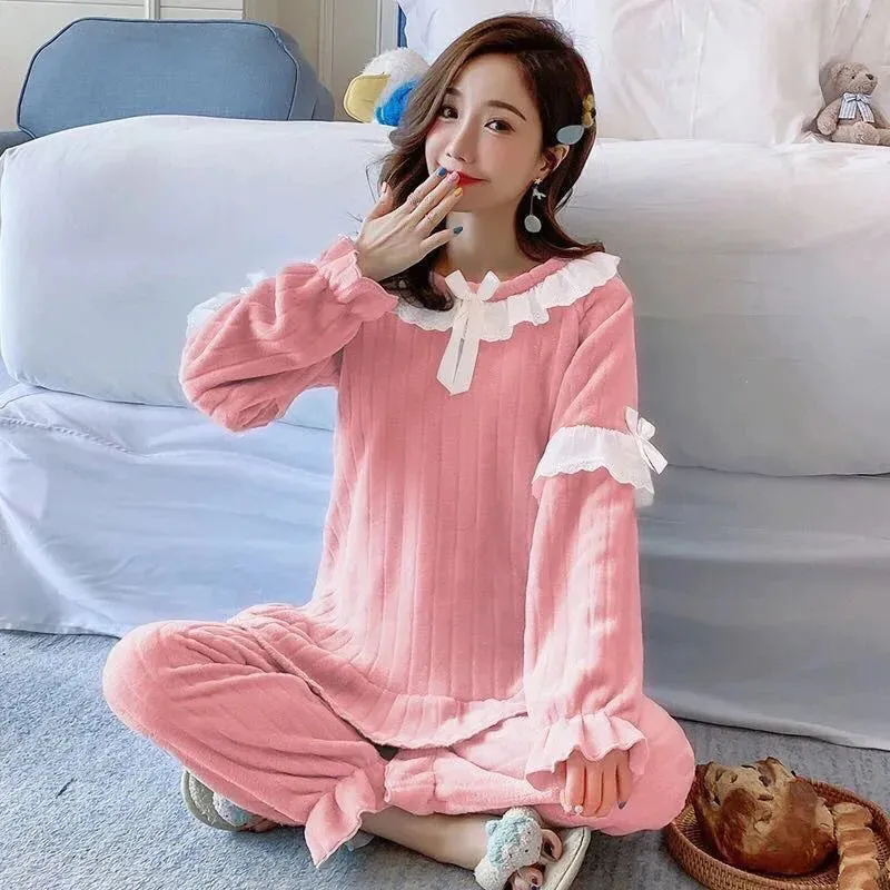 Winter Warm Flannel Women Pyjamas Set Thick Coral Velvet Long Sleeve Pajamas Set Leisure Sleepwear For Women Nightwear 2pcs Suit