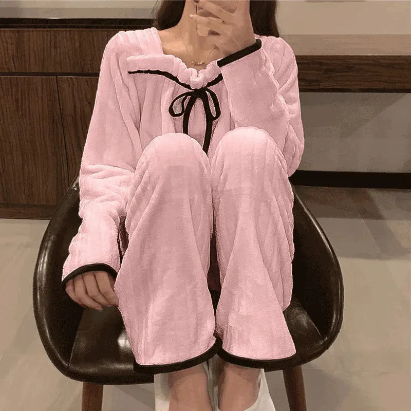 Winter Warm Flannel Women Pyjamas Set Thick Coral Velvet Long Sleeve Pajamas Set Leisure Sleepwear For Women Nightwear 2pcs Suit