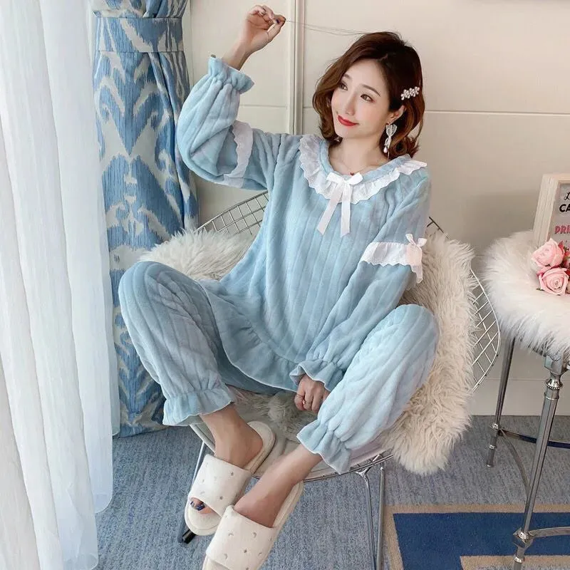 Winter Warm Flannel Women Pyjamas Set Thick Coral Velvet Long Sleeve Pajamas Set Leisure Sleepwear For Women Nightwear 2pcs Suit