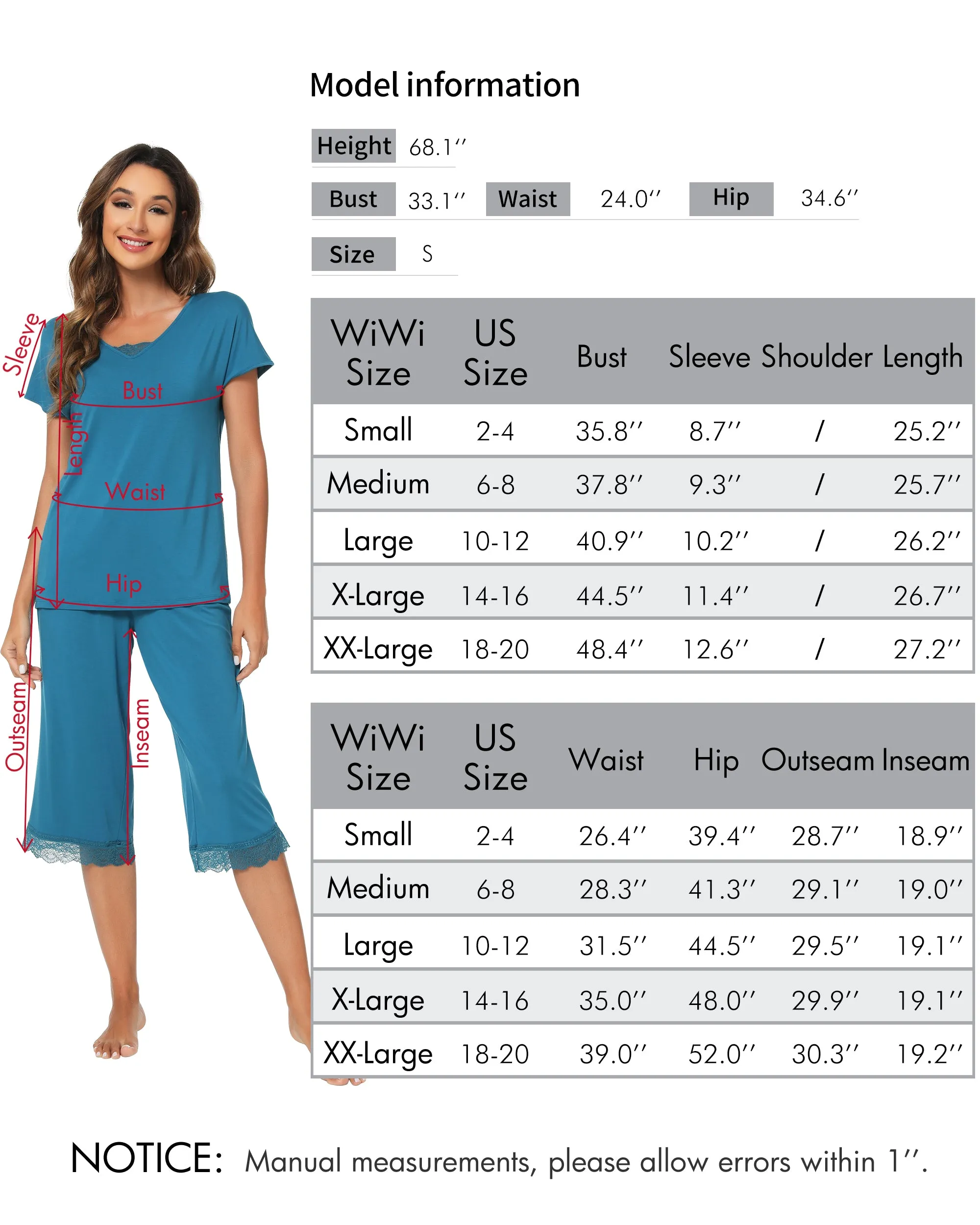 WiWi Bamboo Pajamas Set Short Sleeve Tops with Capri Pants Pjs