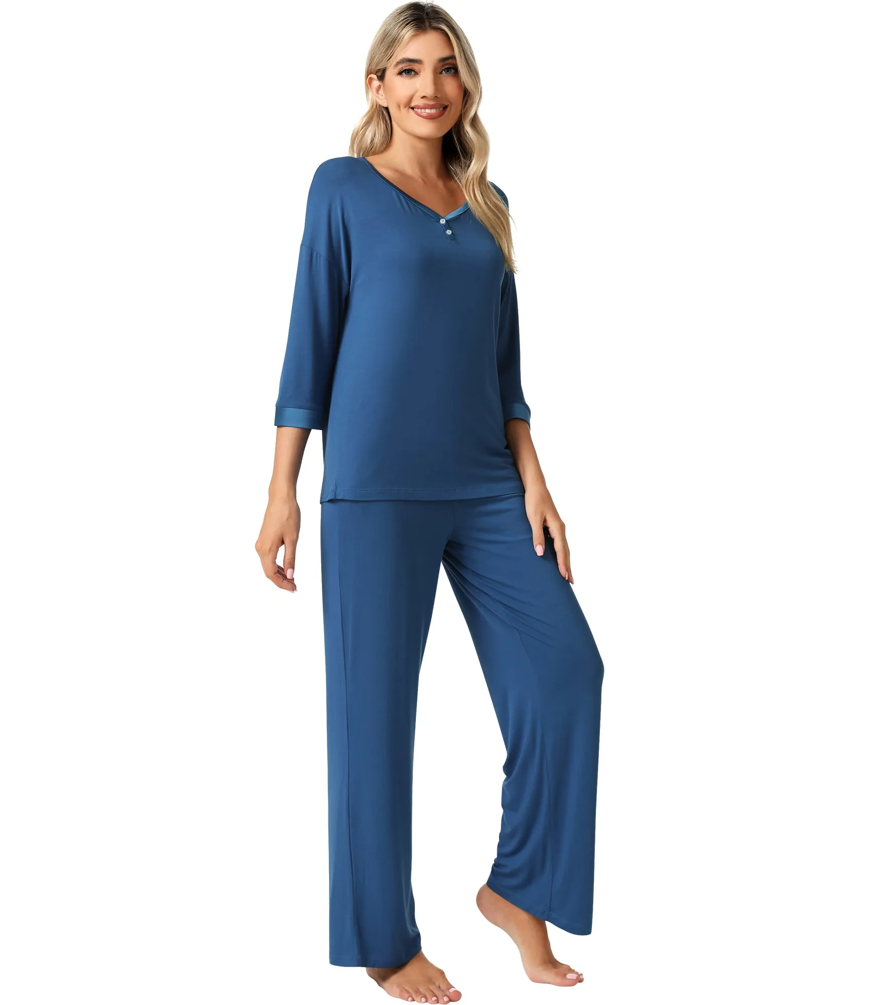 WiWi Bamboo Soft Satin Trimmed Pajamas Set